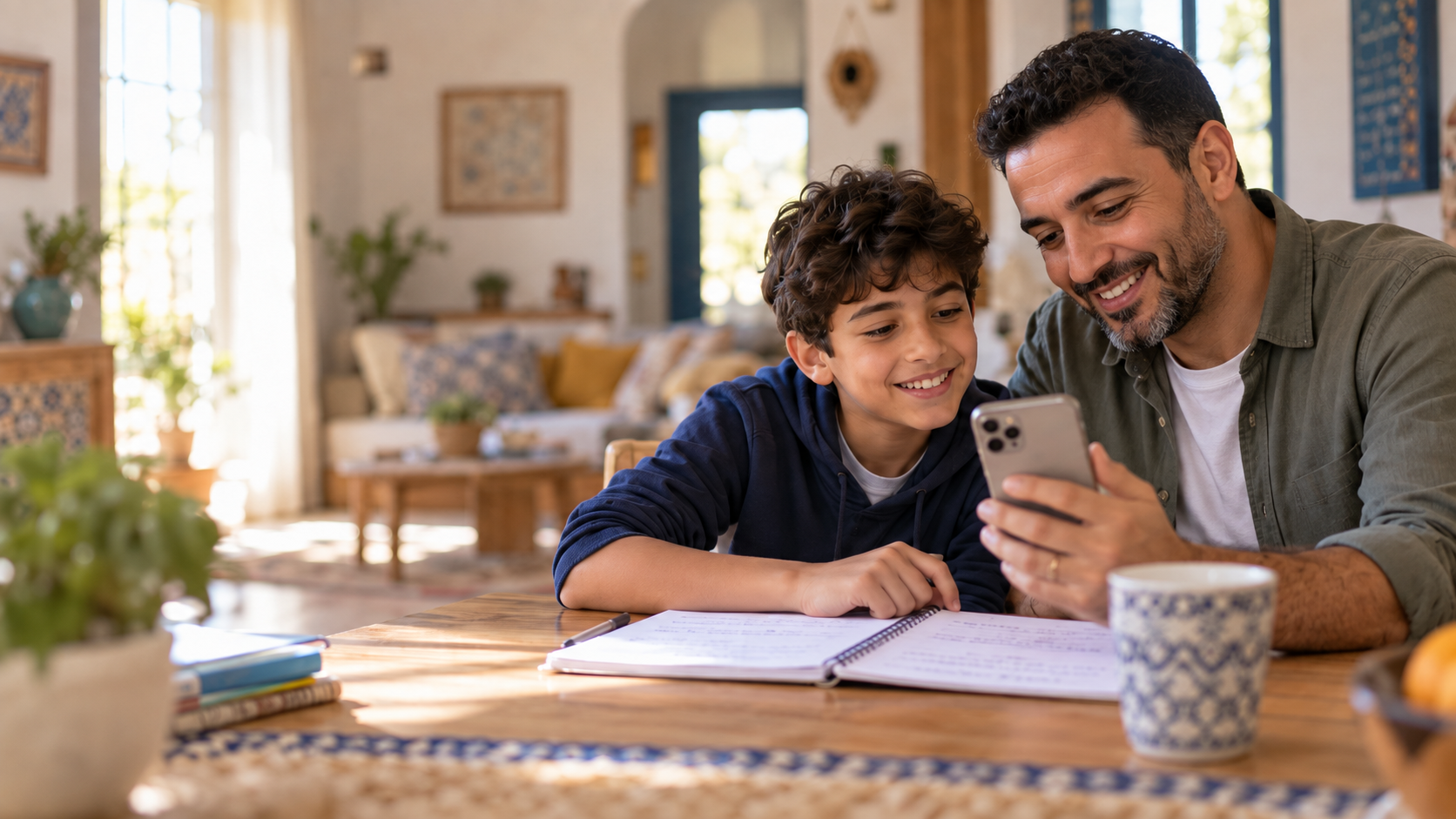 Un parent et son enfant cherchent un professeur sur Mou3allim